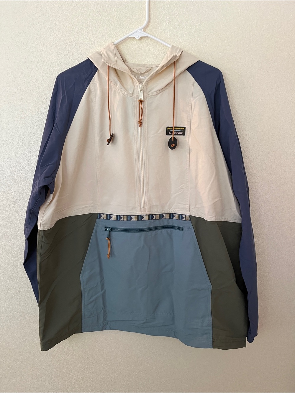 NWT L.L. Bean Colorblock Pullover Anorak in Cream, Blue, Olive